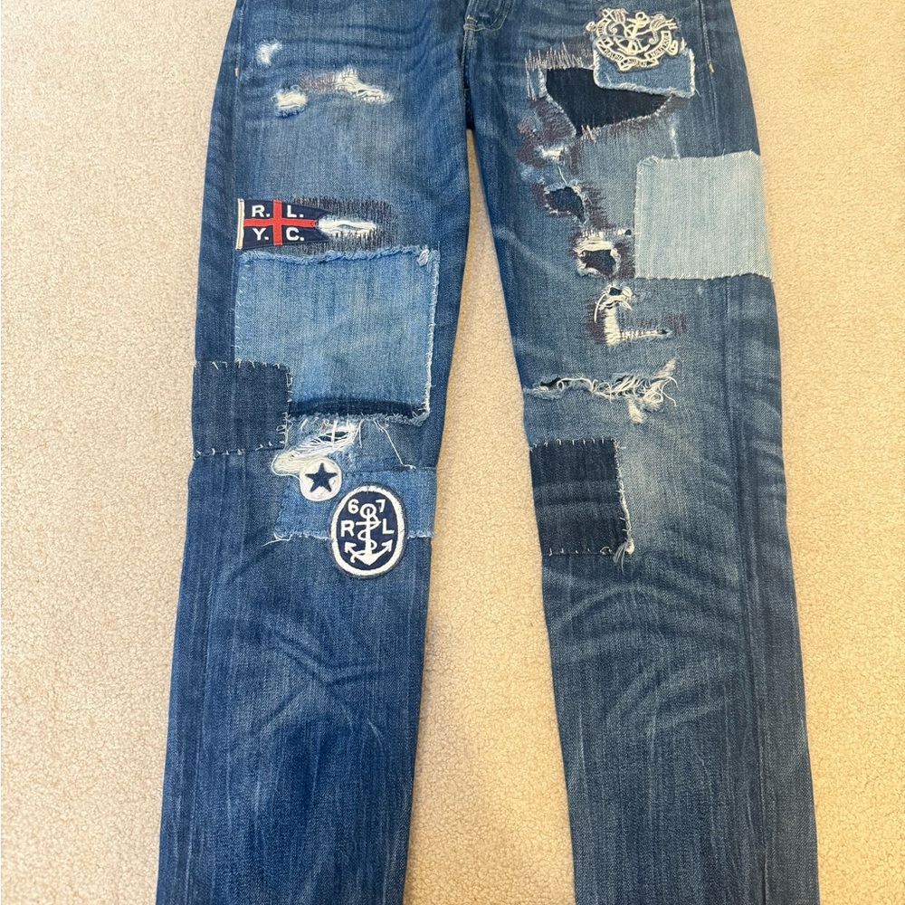 Ralph Lauren Distressed Blue Patchwork Jeans - image 1